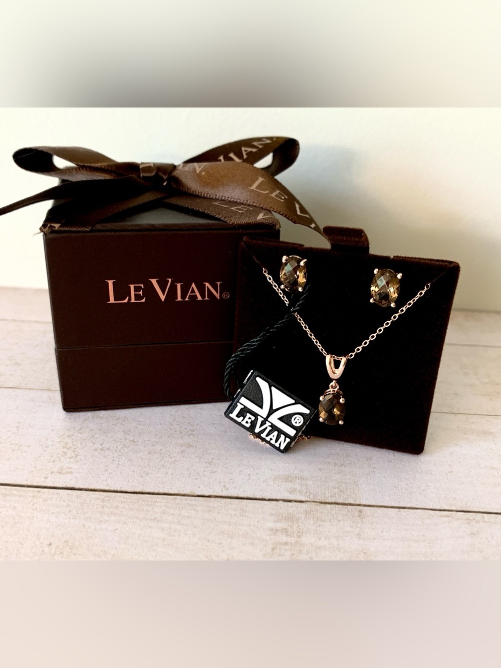 LeVian Brown Smoky Quartz Oval Necklace and Stud Earrings Set, Rose Gold Plated